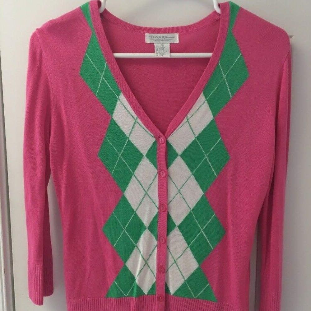Argyle Buttoned Sweater Poppy Pink Green Rayon